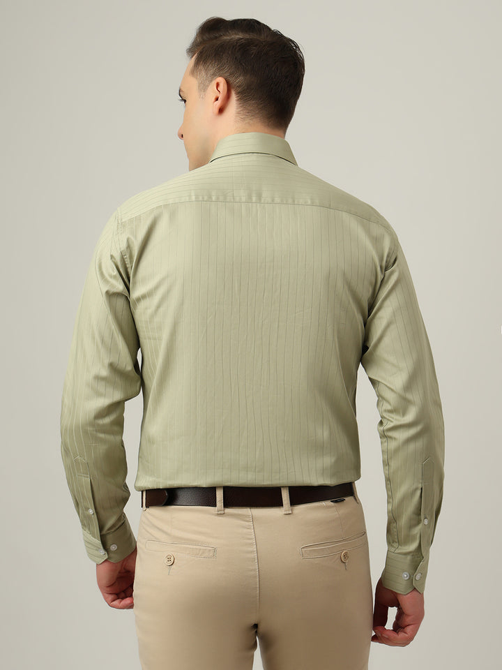 Hancock   Men   Green   Stripes   Pure Cotton   Slim Fit   Formal   Shirt