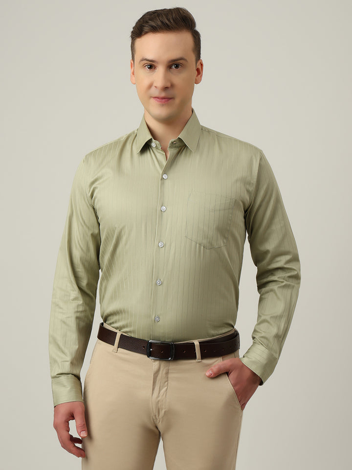 Hancock   Men   Green   Stripes   Pure Cotton   Slim Fit   Formal   Shirt