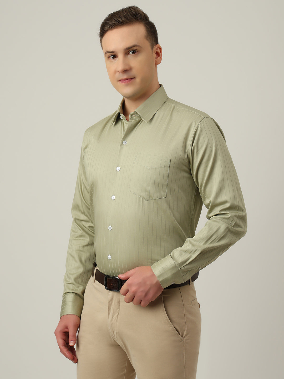 Hancock   Men   Green   Stripes   Pure Cotton   Slim Fit   Formal   Shirt