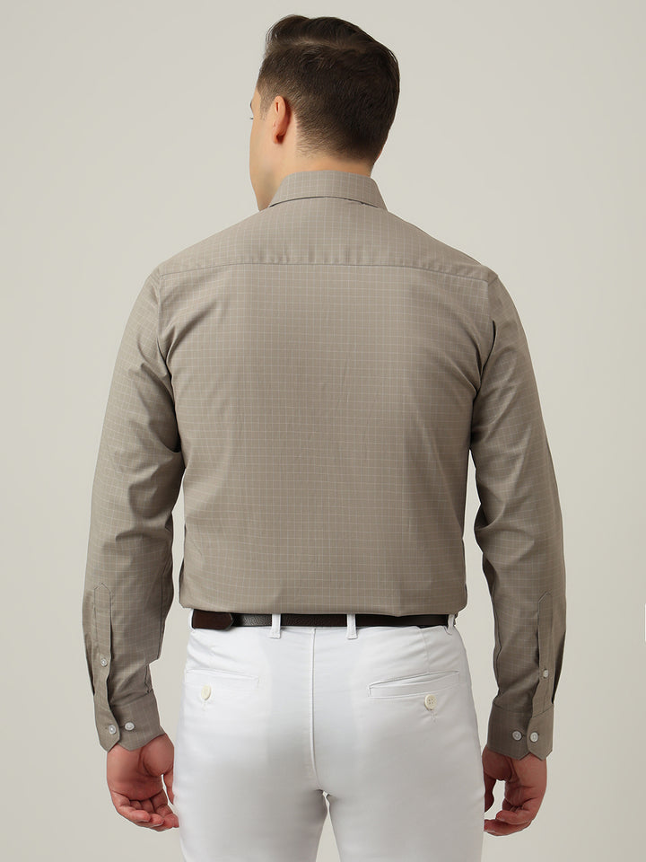 Hancock   Men   Taupe Grey   Checks   Cotton Elastane   Slim Fit   Formal   Shirt