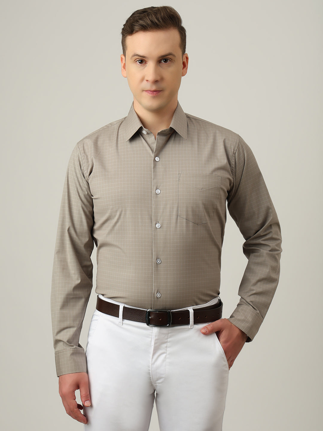 Hancock   Men   Taupe Grey   Checks   Cotton Elastane   Slim Fit   Formal   Shirt