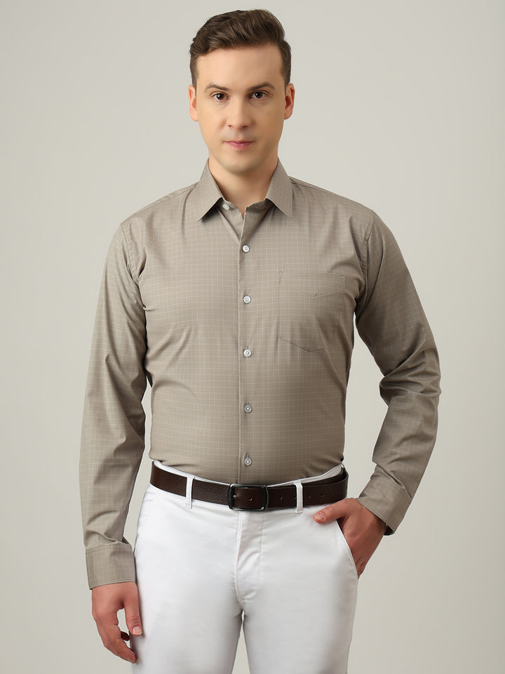 Hancock   Men   Taupe Grey   Checks   Cotton Elastane   Slim Fit   Formal   Shirt