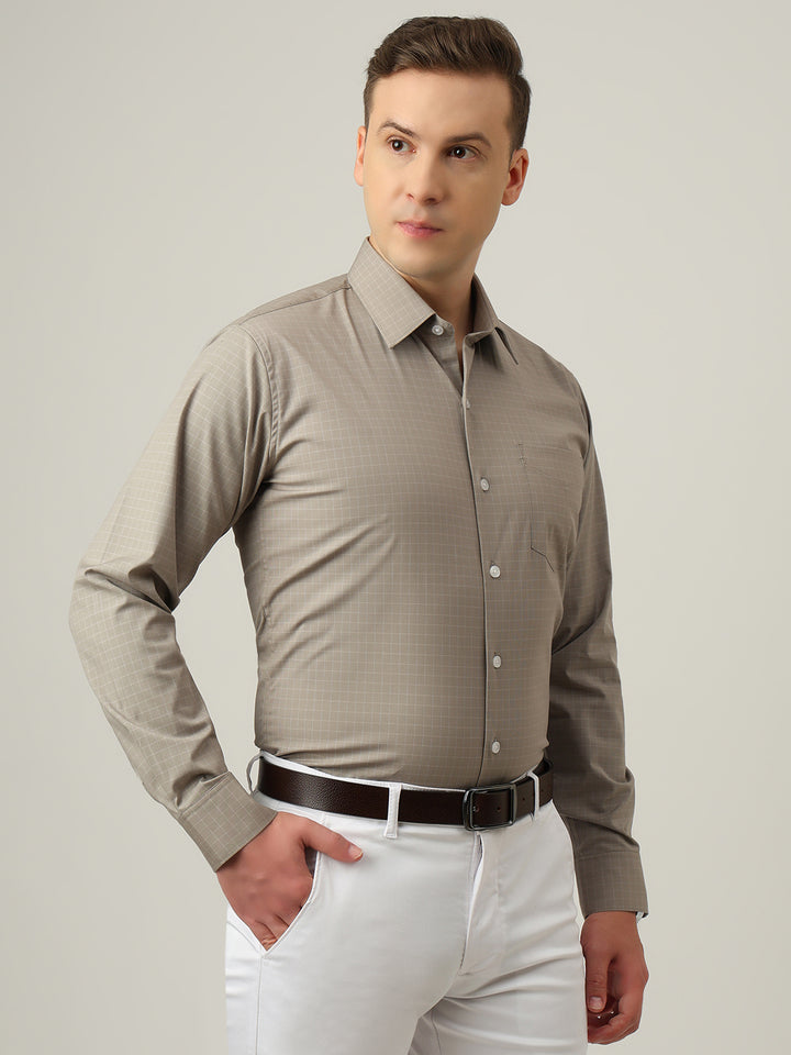 Hancock   Men   Taupe Grey   Checks   Cotton Elastane   Slim Fit   Formal   Shirt