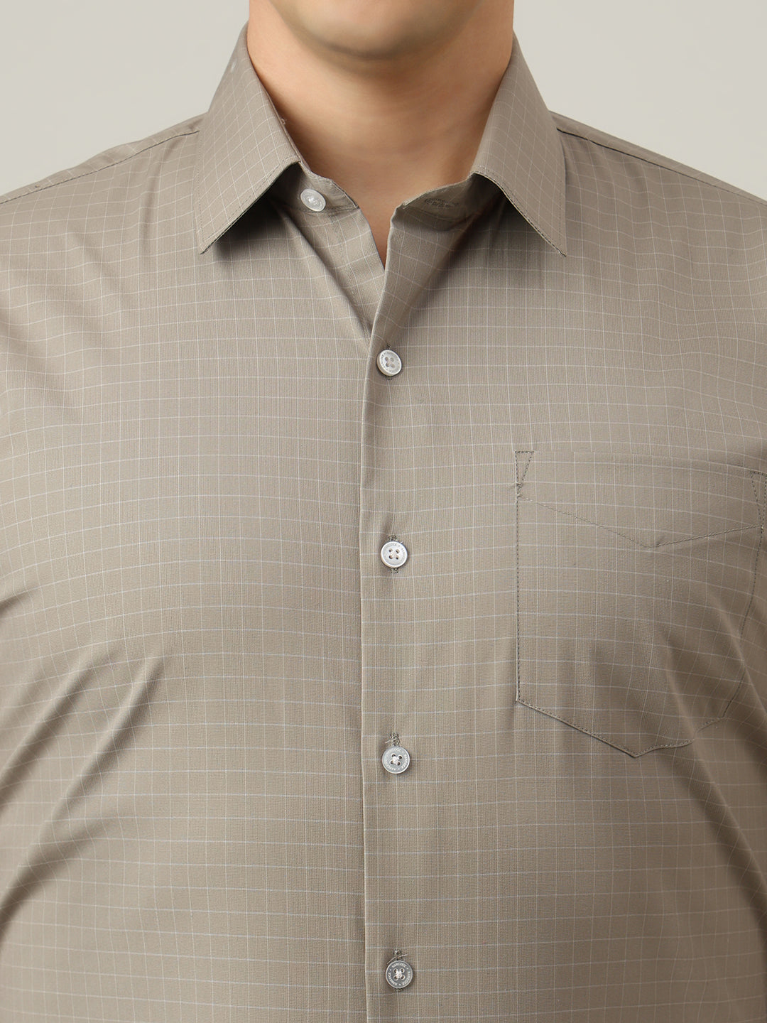 Hancock   Men   Taupe Grey   Checks   Cotton Elastane   Slim Fit   Formal   Shirt