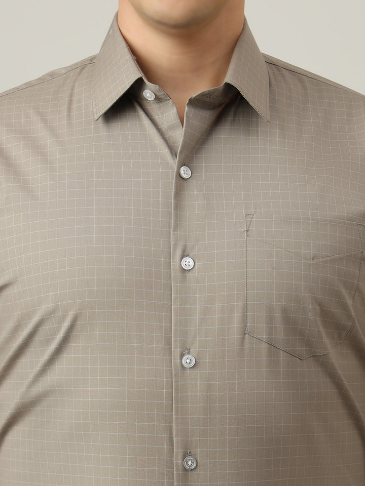 Hancock   Men   Taupe Grey   Checks   Cotton Elastane   Slim Fit   Formal   Shirt