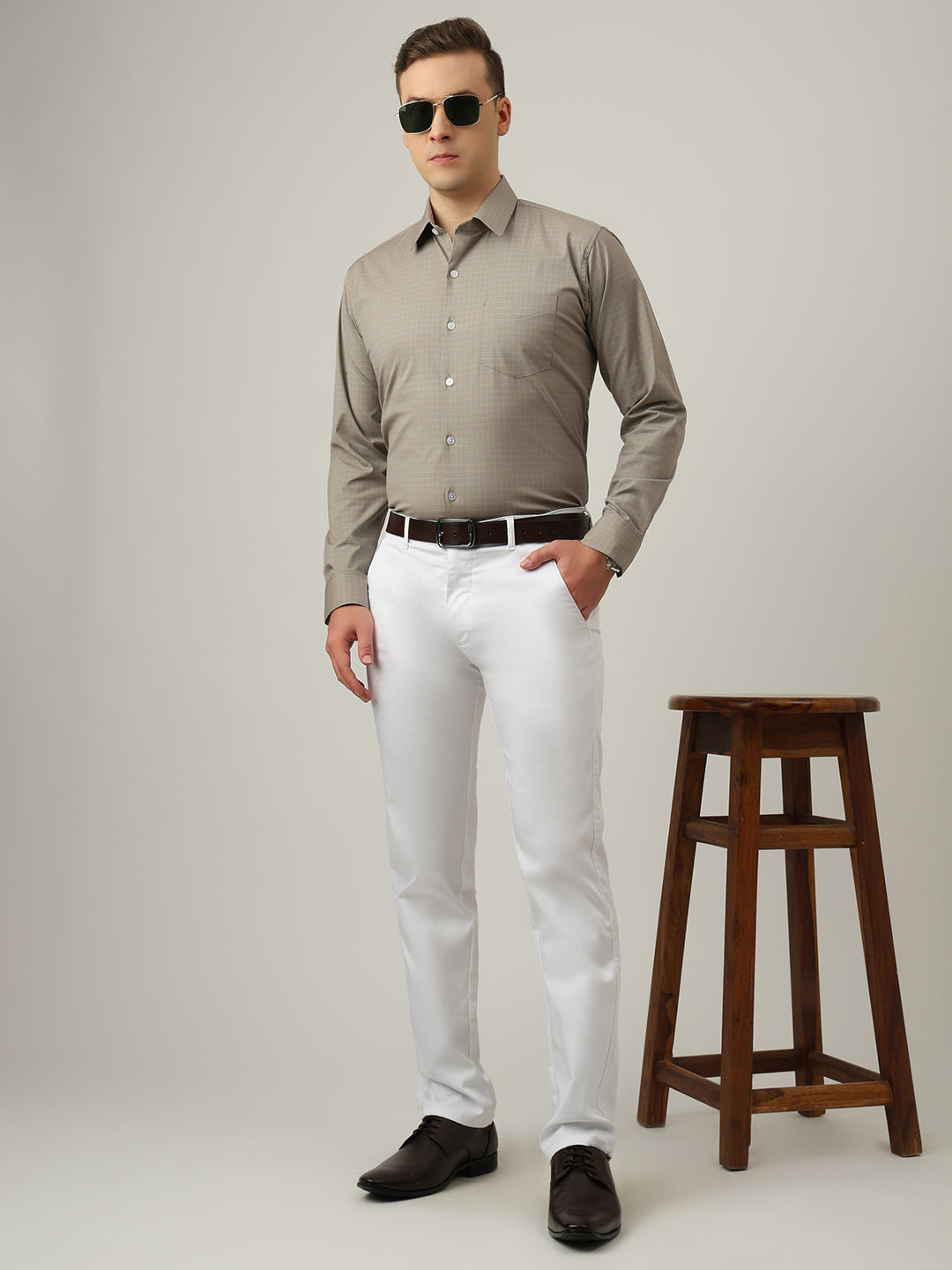 Hancock   Men   Taupe Grey   Checks   Cotton Elastane   Slim Fit   Formal   Shirt