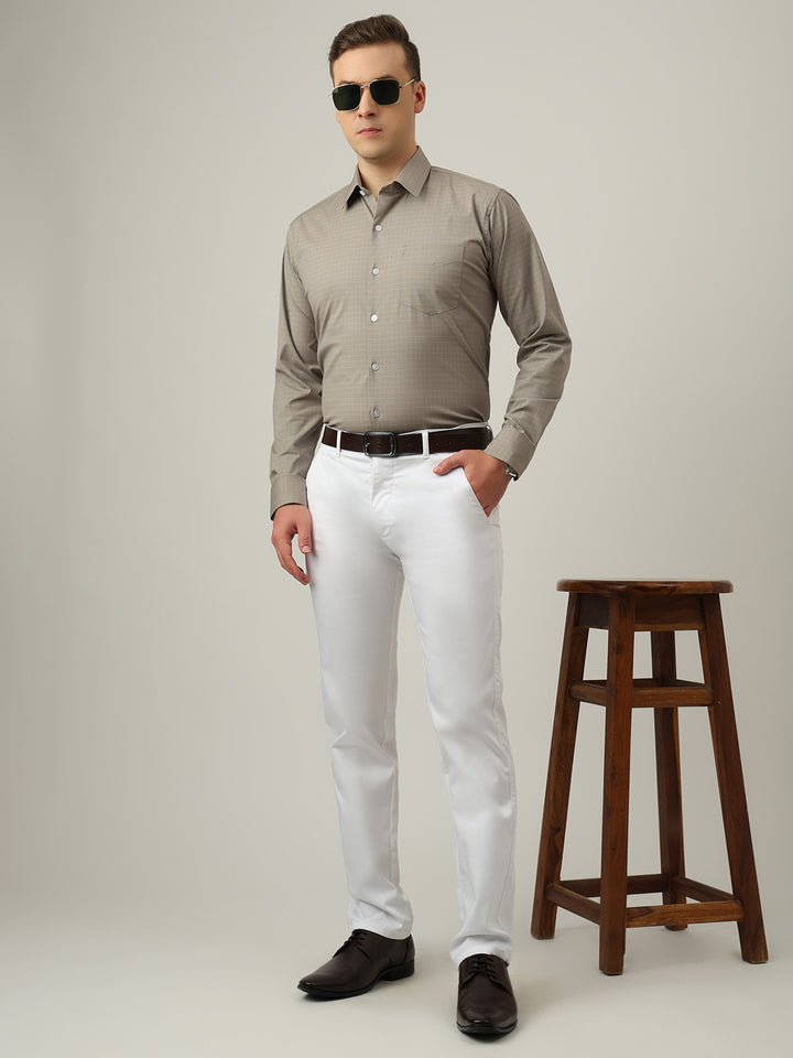 Hancock   Men   Taupe Grey   Checks   Cotton Elastane   Slim Fit   Formal   Shirt