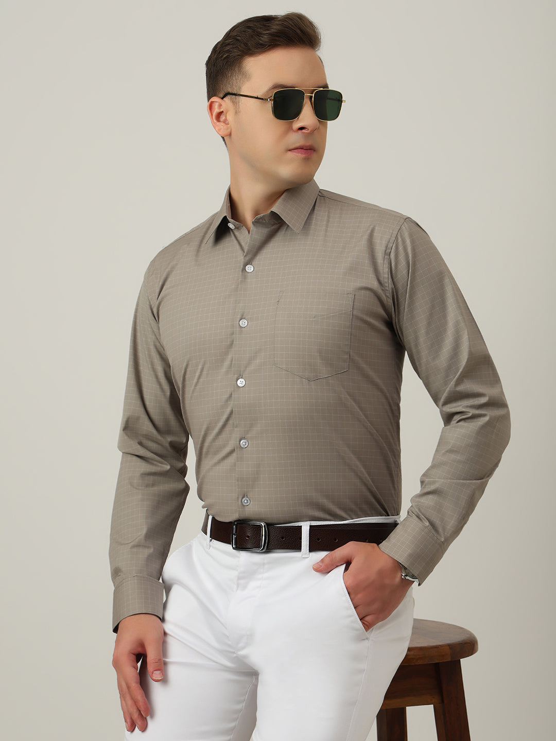 Hancock   Men   Taupe Grey   Checks   Cotton Elastane   Slim Fit   Formal   Shirt