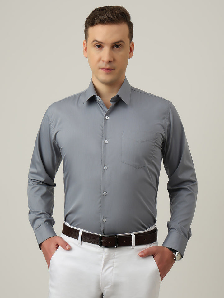 Hancock   Men   Grey   Solids   Cotton Elastane   Slim Fit   Formal   Shirt