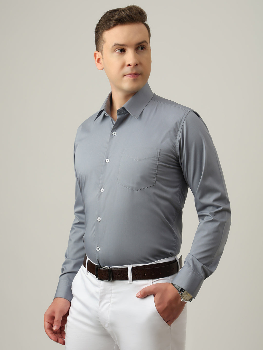 Hancock   Men   Grey   Solids   Cotton Elastane   Slim Fit   Formal   Shirt