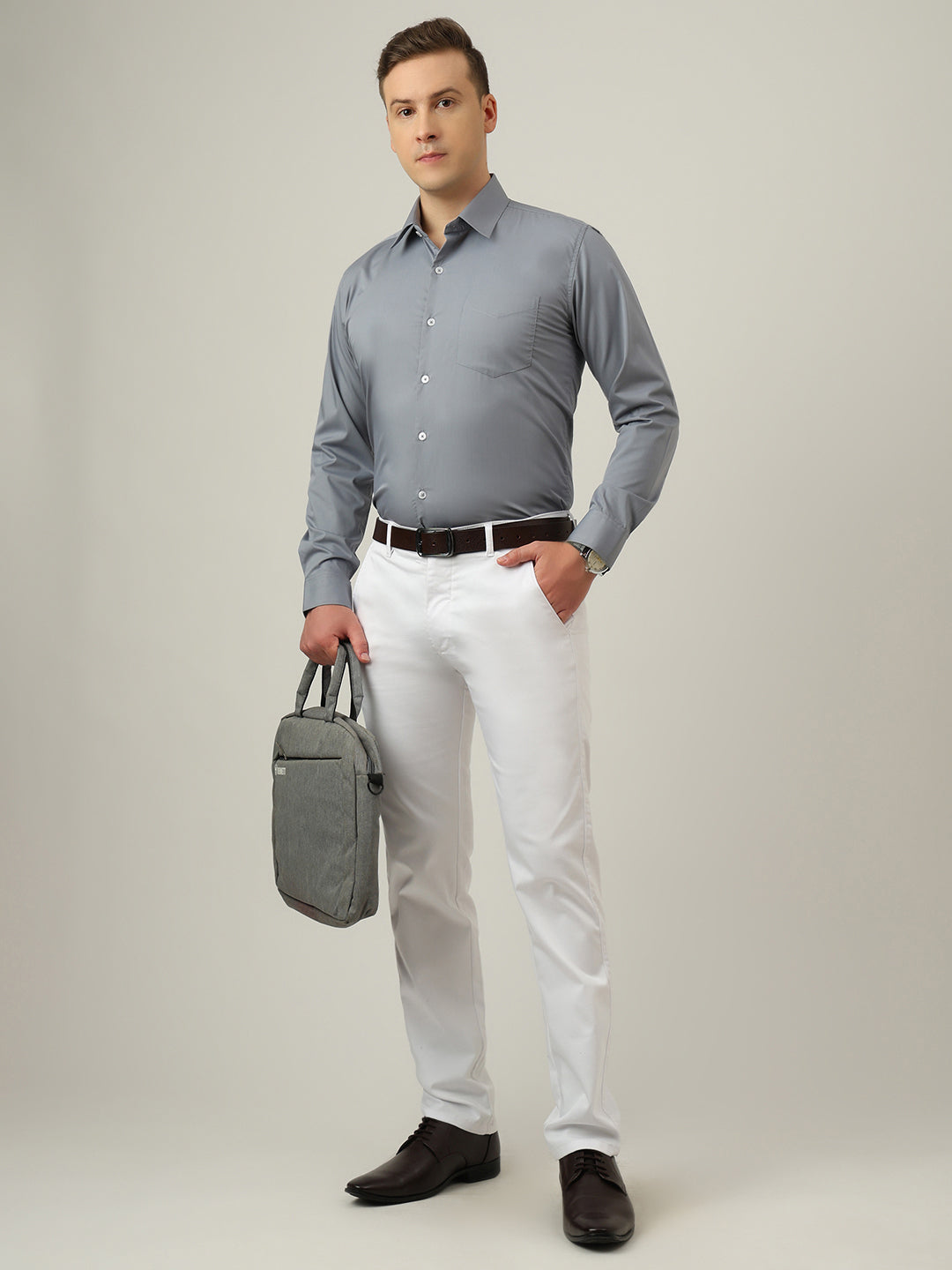 Hancock   Men   Grey   Solids   Cotton Elastane   Slim Fit   Formal   Shirt