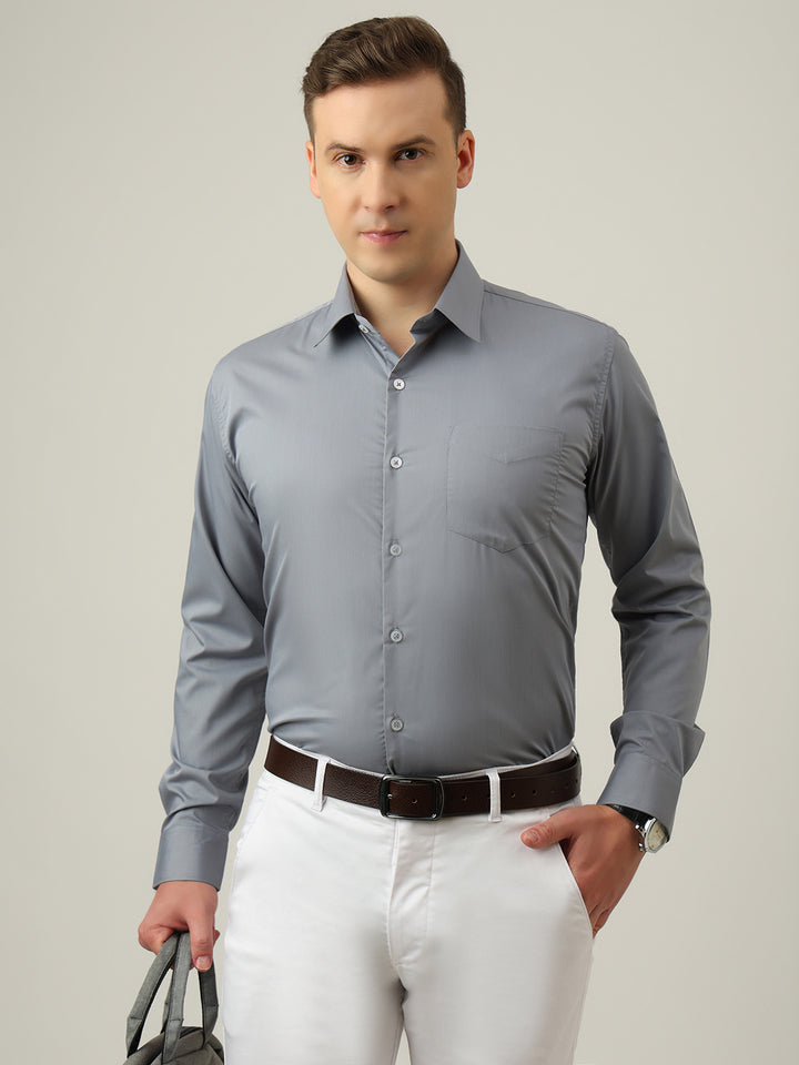 Hancock   Men   Grey   Solids   Cotton Elastane   Slim Fit   Formal   Shirt
