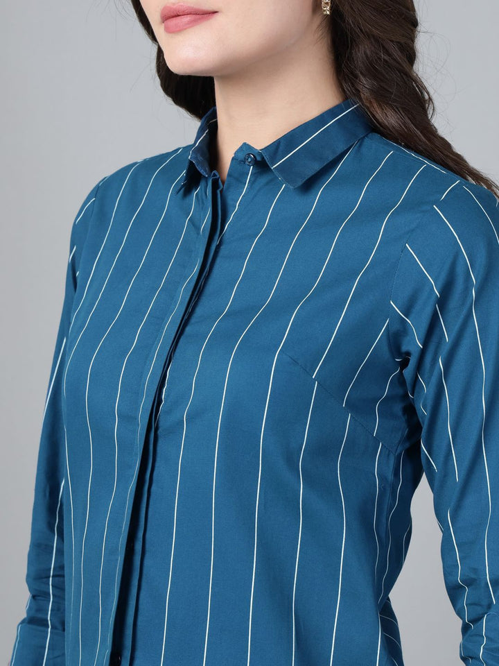 Hancock Women Turquoise Blue Stripe Pure Cotton Slim Fit Casual Shirt