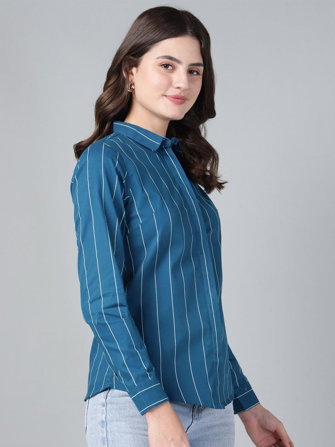 Hancock Women Turquoise Blue Stripe Pure Cotton Slim Fit Casual Shirt