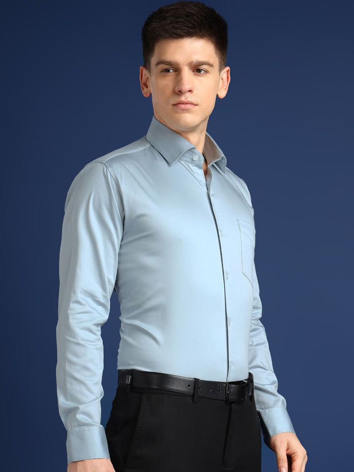 Hancock Men Turquoise Solid Cotton Elastene Slim Fit Party Shirt