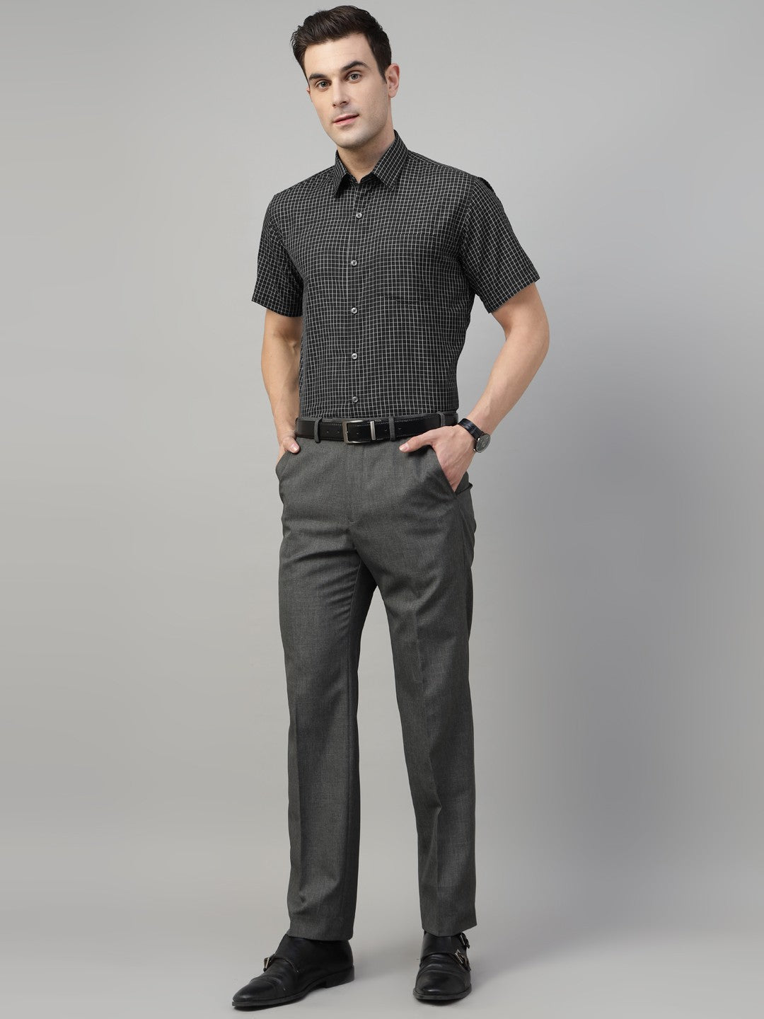 Men Black Check Cotton Slim Fit Formal Shirt
