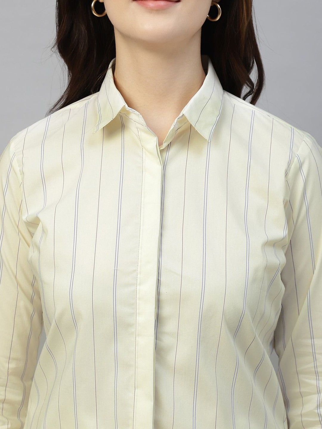 Hancock Women Cream Stripe Pure Cotton Regular Fit Formal Shirt