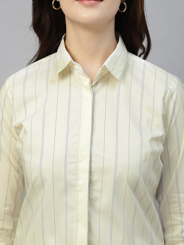 Hancock Women Cream Stripe Pure Cotton Regular Fit Formal Shirt