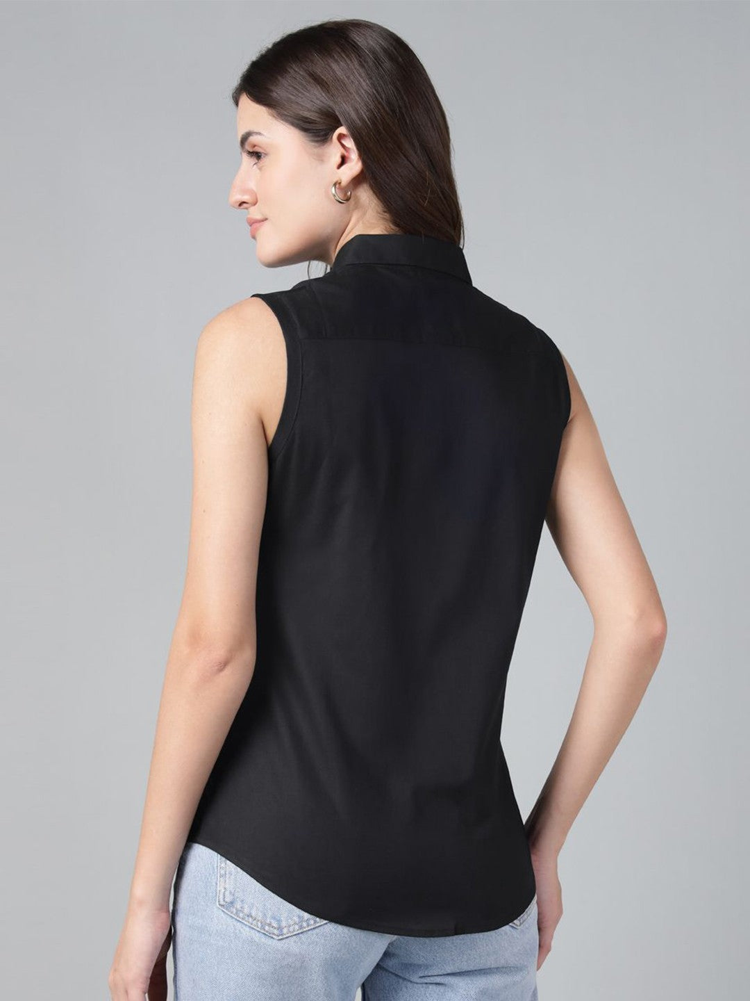 Hancock Women Black Solid Pure Cotton Sleeveless Slim Fit Casual Shirt