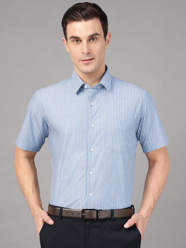 Hancock Men Blue & White Stripe Pure Cotton Slim Fit Formal Shirt