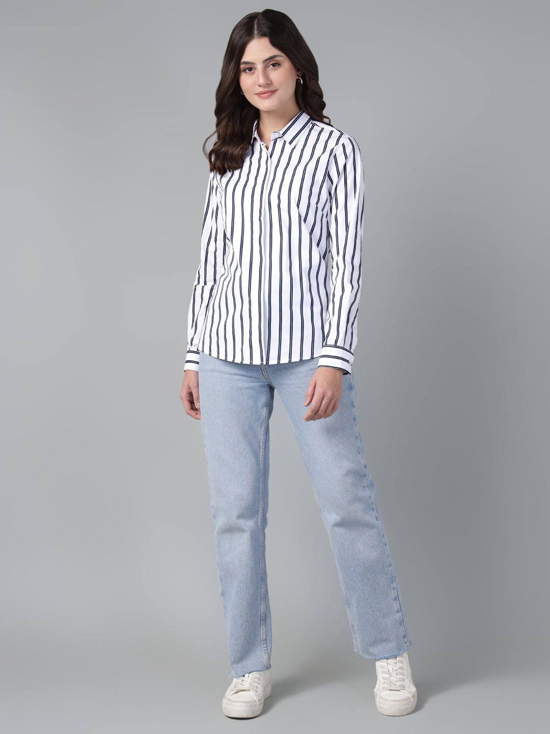 Hancock Women White & Navy Stripe Pure Cotton Regular Fit Casual Shirt