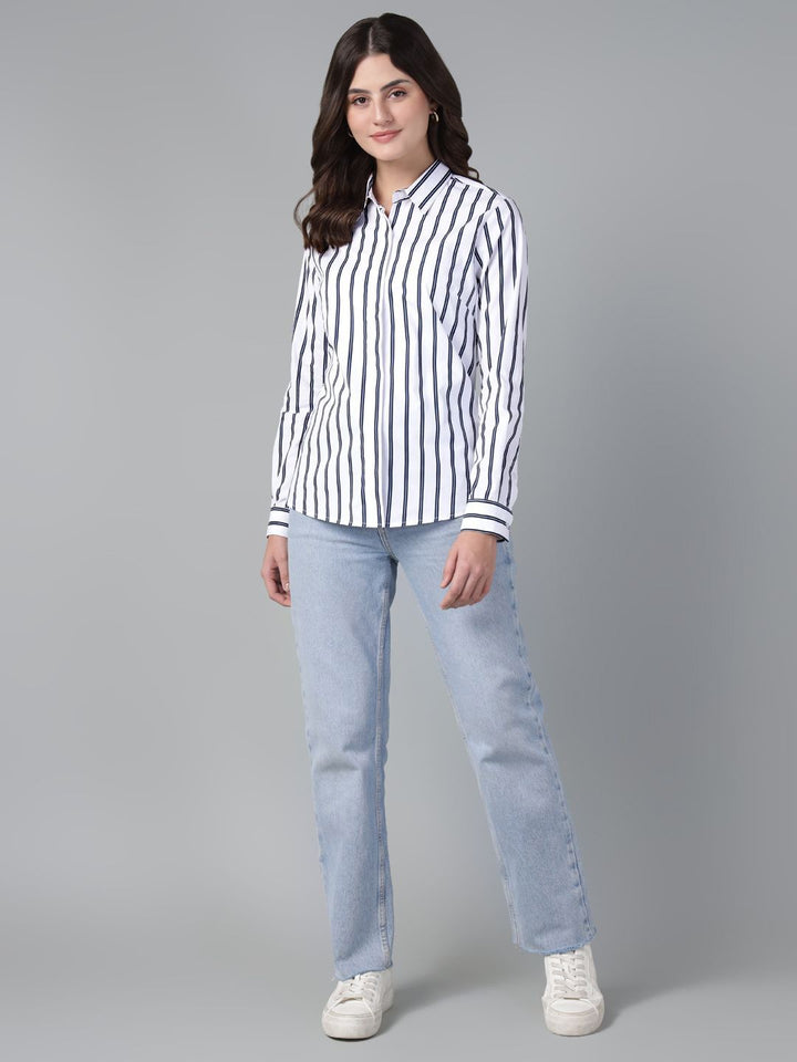 Hancock Women White & Navy Stripe Pure Cotton Regular Fit Casual Shirt