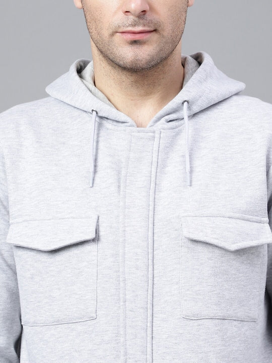 Men Melange Grey Solid Full Zipper Cargo Pocket Long Sleeves Fleece Hooded Sweatshirt