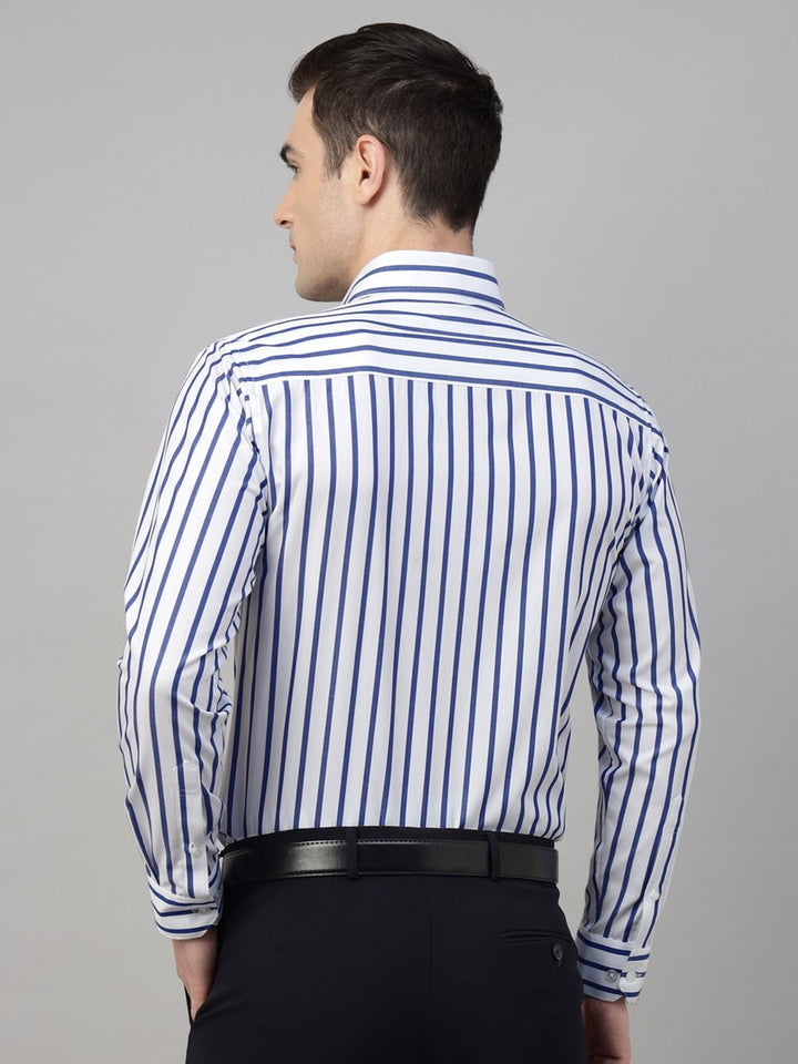 Men White & Blue Stripe Cotton Slim Fit Formal Shirt