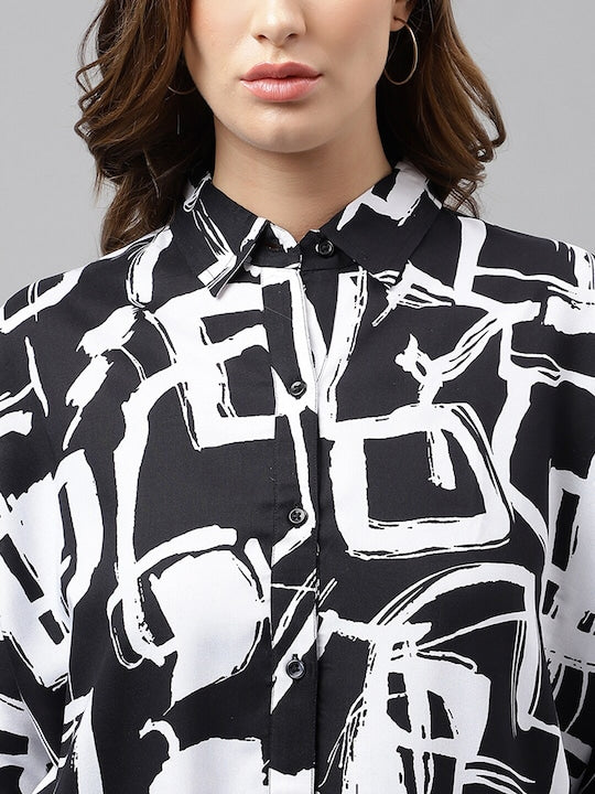 Hancock Women Viscose Rayon Abstract Printed Spread Collar Shirt & Elasticated Trouser Co-ords Set