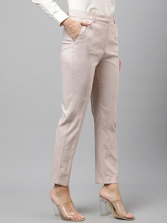 Hancock Women Peach Self Design Flat- Front Ciggarate Fit Formal Trouser