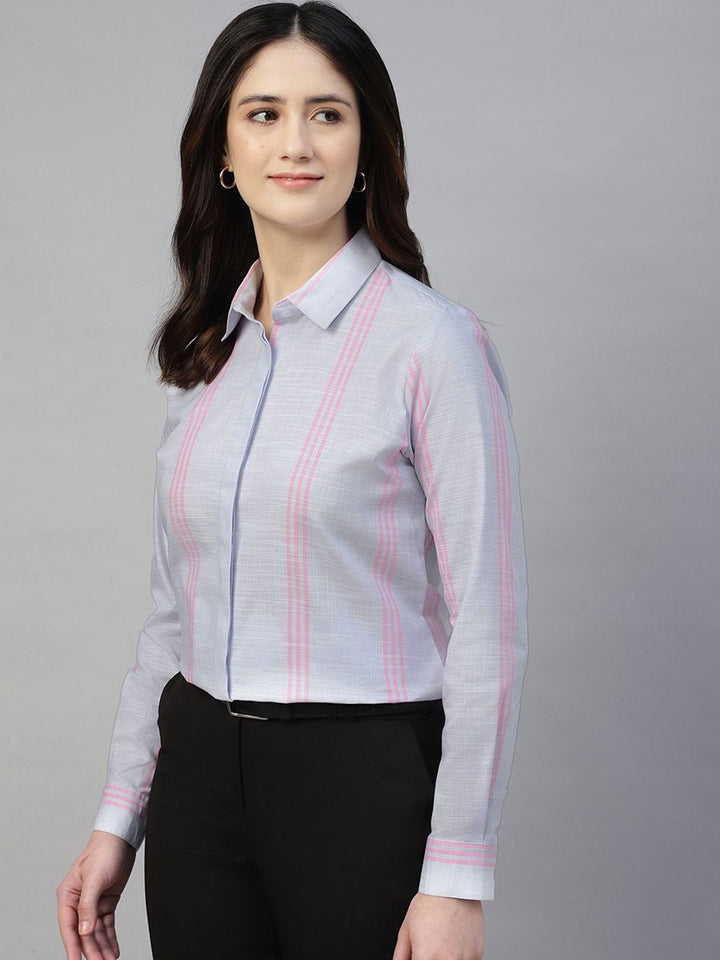 Hancock Women Blue Stripe Pure Cotton Regular Fit Formal Shirt