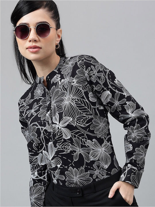 Women Black  Floral Printed Pure Cotton Long sleeve Regular Fit Formal Top