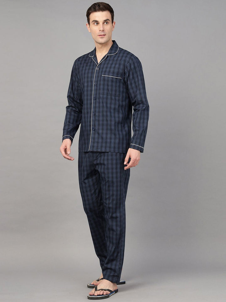 Men Navy Blue Check Pure Cotton Relaxed Fit Night Wear Night Suit