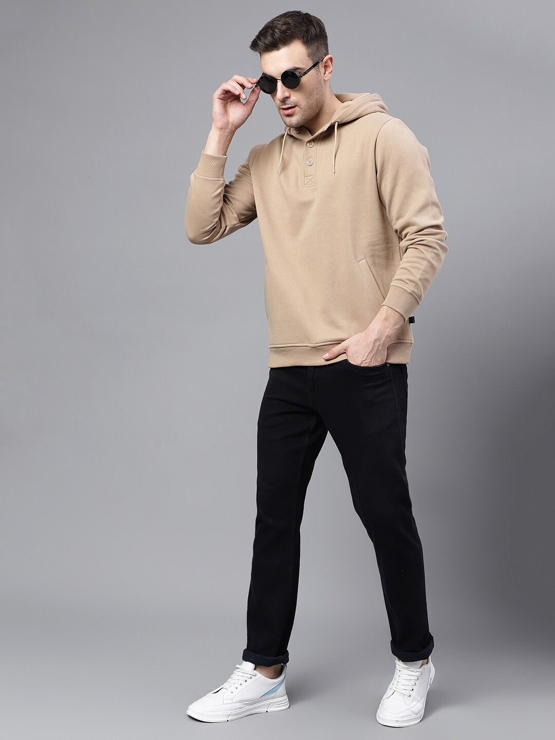 Men Beige Solid Half Button Placket Long Sleeves Fleece Hooded Sweatshirt