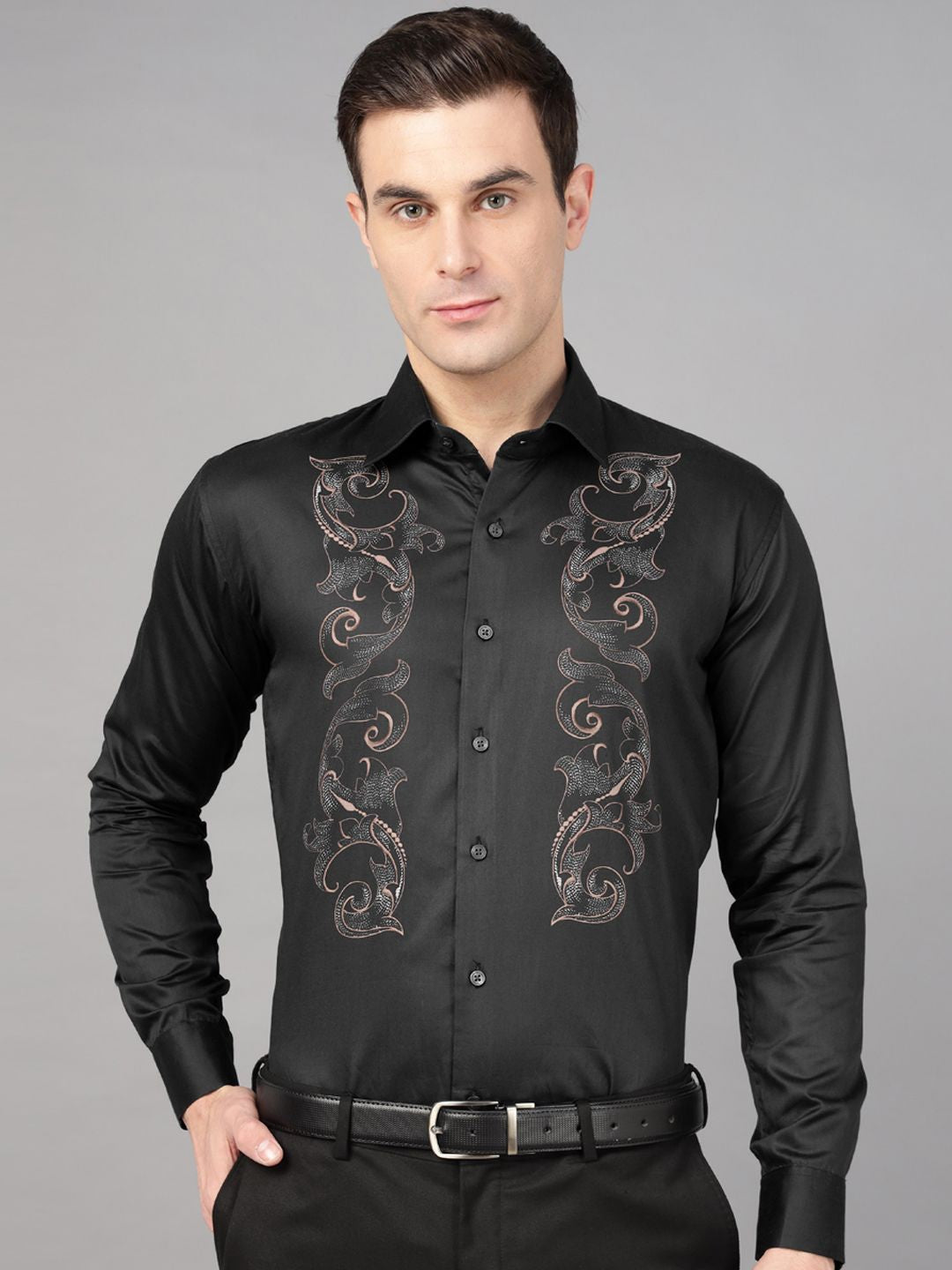 Hancock Men Black Print Wrinkle Free Pure Cotton Satin Slim Fit Party Shirt