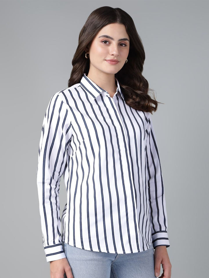 Hancock Women White & Navy Stripe Pure Cotton Regular Fit Casual Shirt