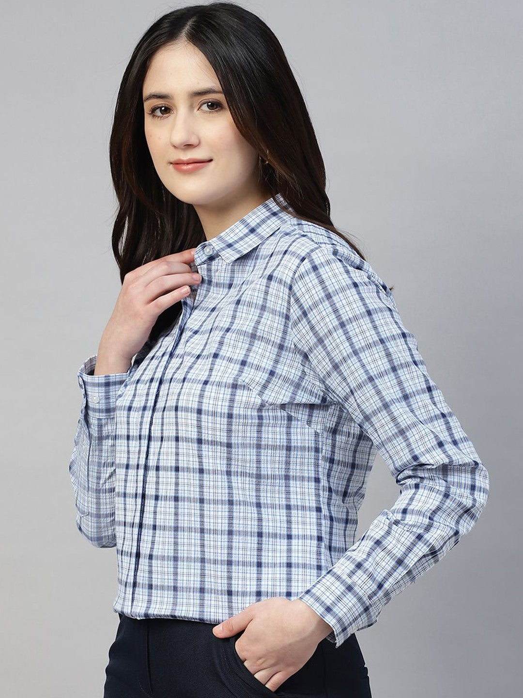 Hancock Women Blue Check Pure Cotton Regular Fit Formal Shirt