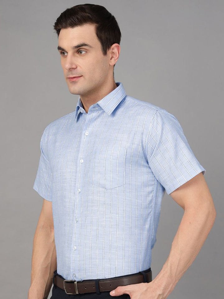 Hancock Men Sky Blue Stripe Pure Cotton Slim Fit Formal Shirt