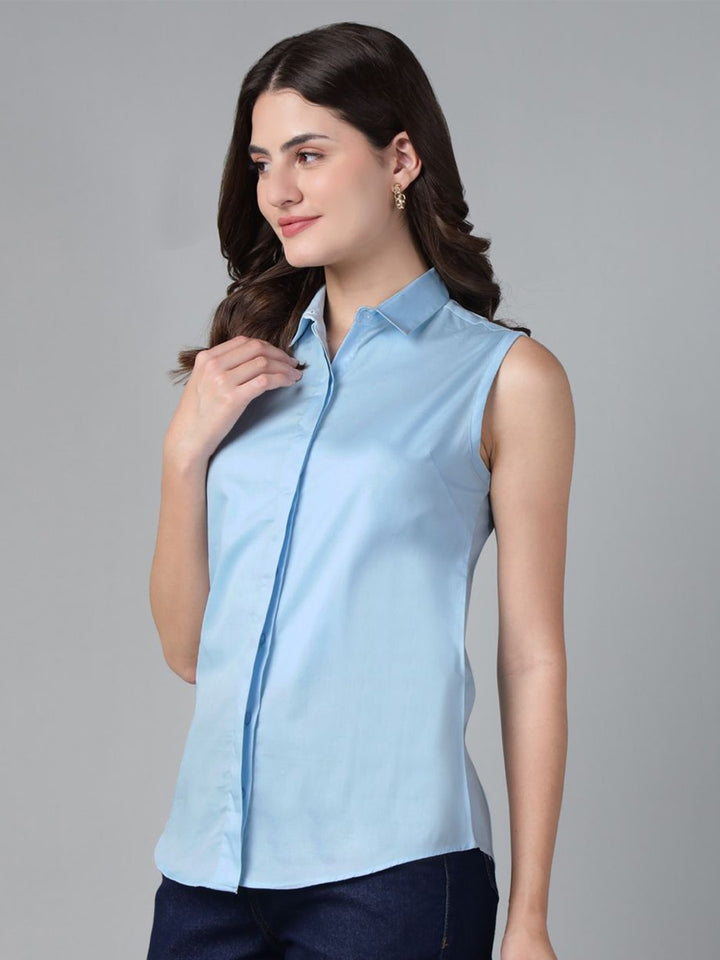 Hancock Women Sky Blue Solid Pure Cotton Sleeveless Slim Fit Casual Shirt