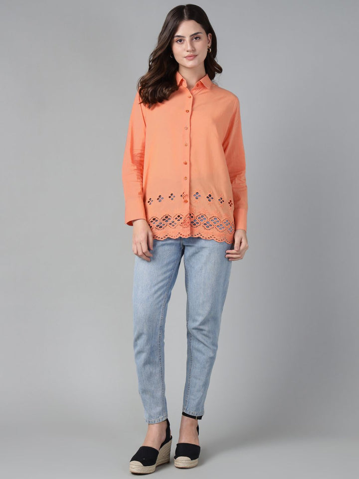 Hancock Women Orange Solid Schiffli Pure Cotton Relaxed Fit Casual Shirt