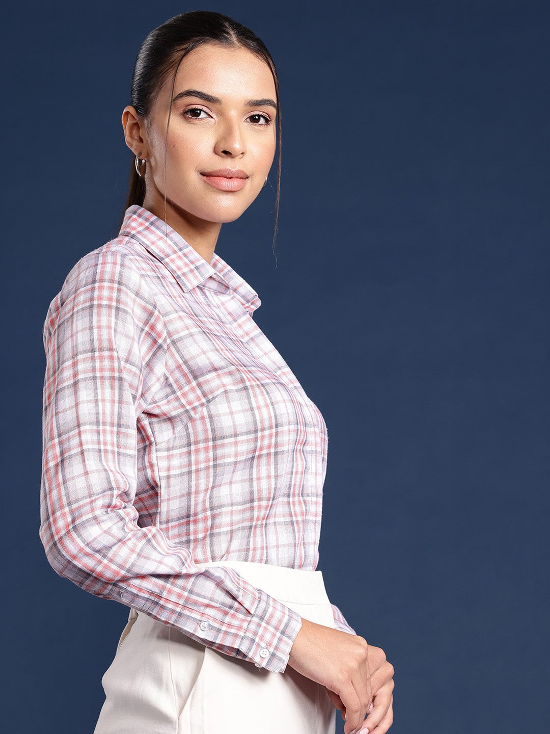 Women White Checks Linen Blend Formal Shirt