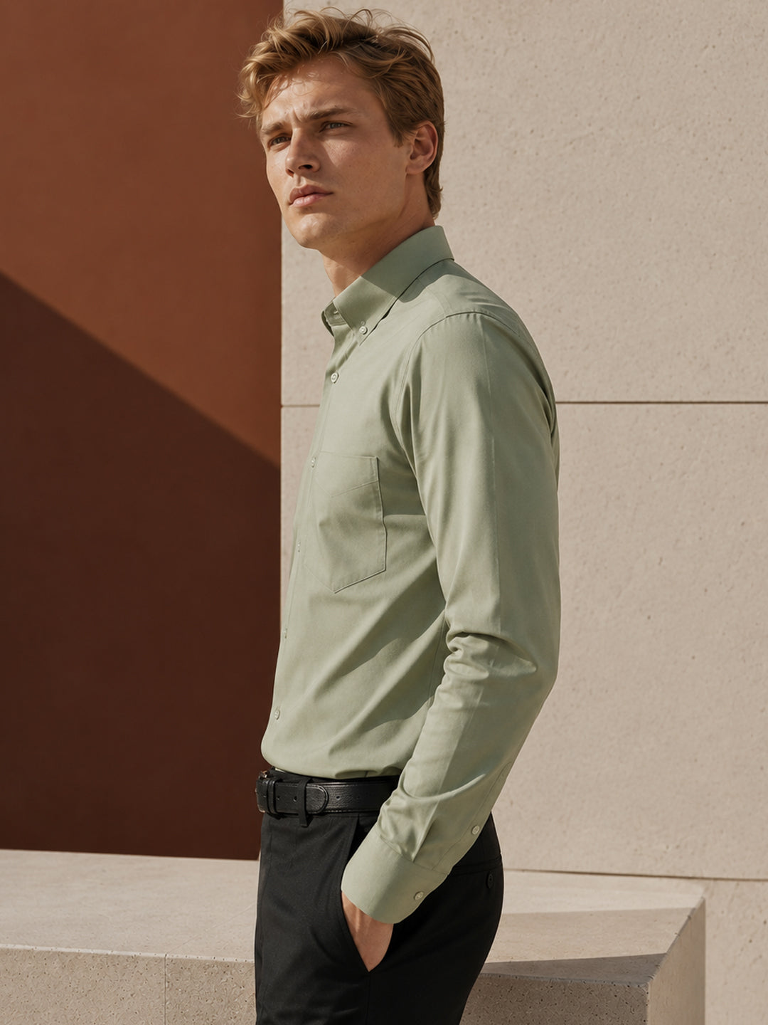 Men Light Green Pure Cotton Solid Slim Fit Formal Shirt