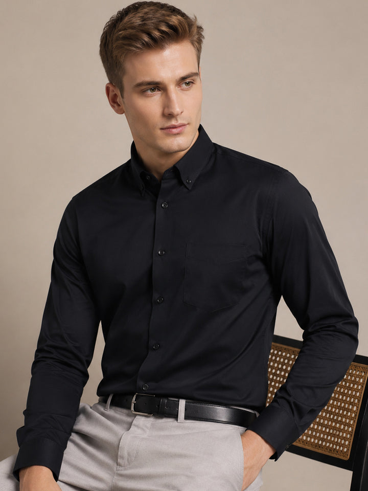 Men Black Pure Cotton Solid Button Down Collar Slim Fit  Formal Shirt
