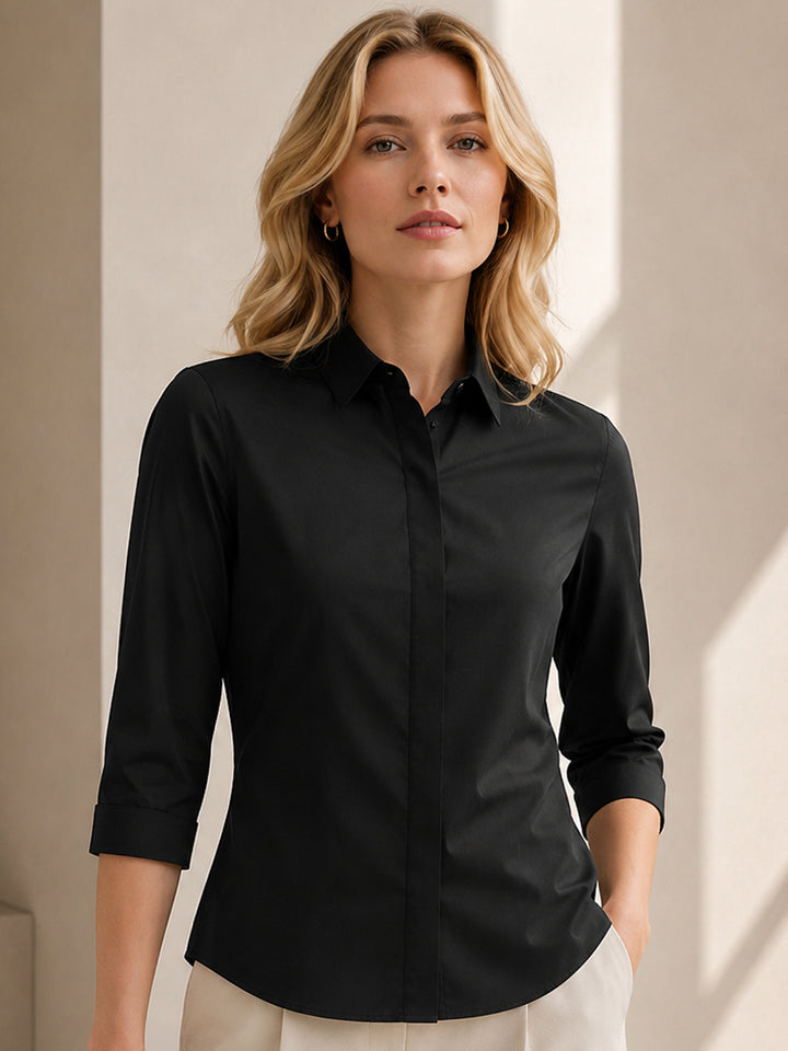 Women Black Pure Cotton Solid Slim Fit Formal Shirt