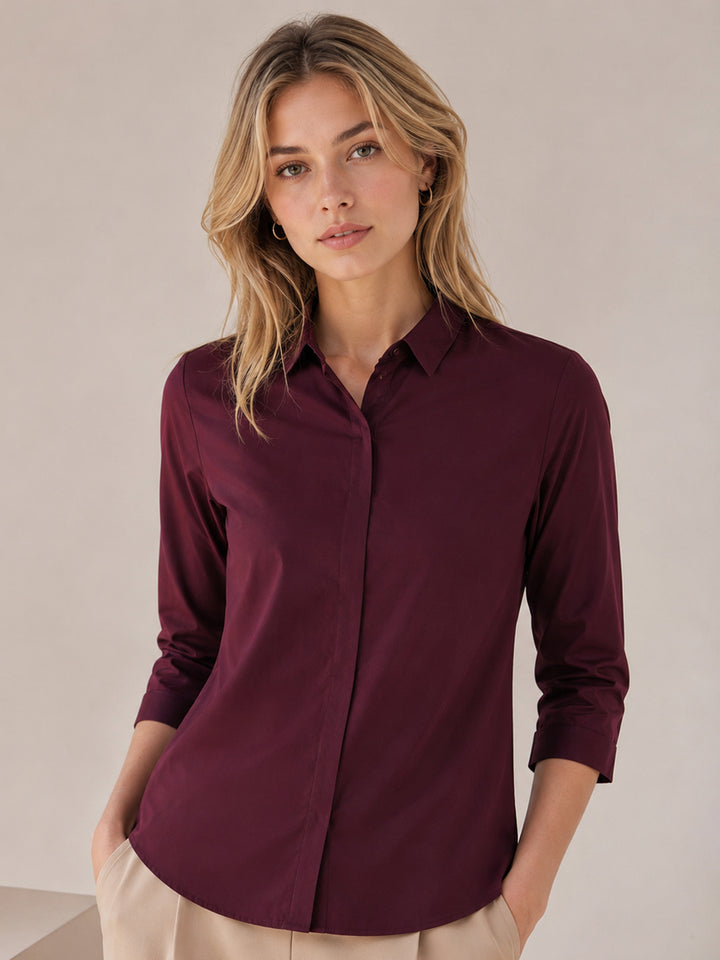 Women Wine Pure Cotton Solid Slim Fit Formal Shirt