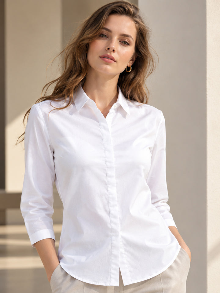 Women White Pure Cotton Solid Slim Fit Formal Shirt