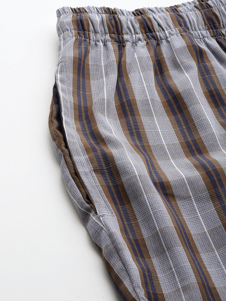 Men Grey & Brown Checked Pure Cotton Relaxed Fit Night Suit