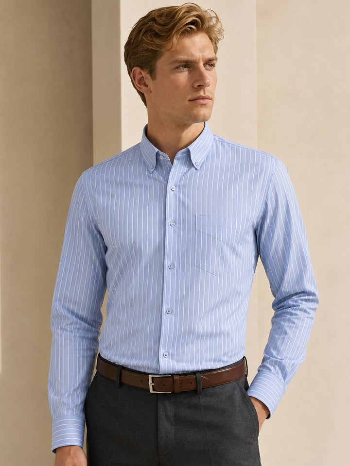Men Blue Pure Cotton Striped Button Down Collar Slim Fit Formal Shirt