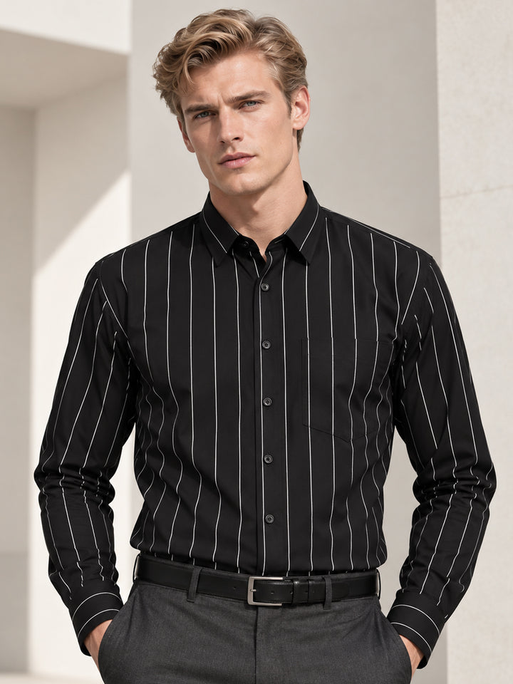 Men Black Striped Pure Cotton Relaxed Fit Formal Shirt