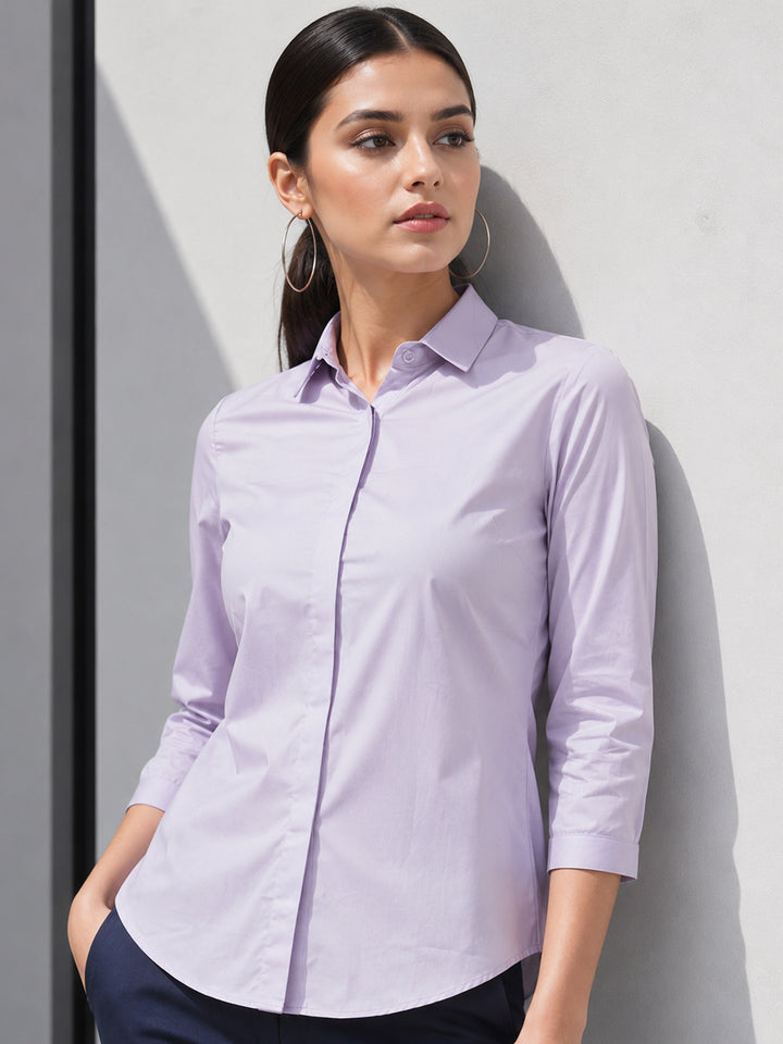 Women Purple Solid Pure Cotton Slim Fit Formal Shirt